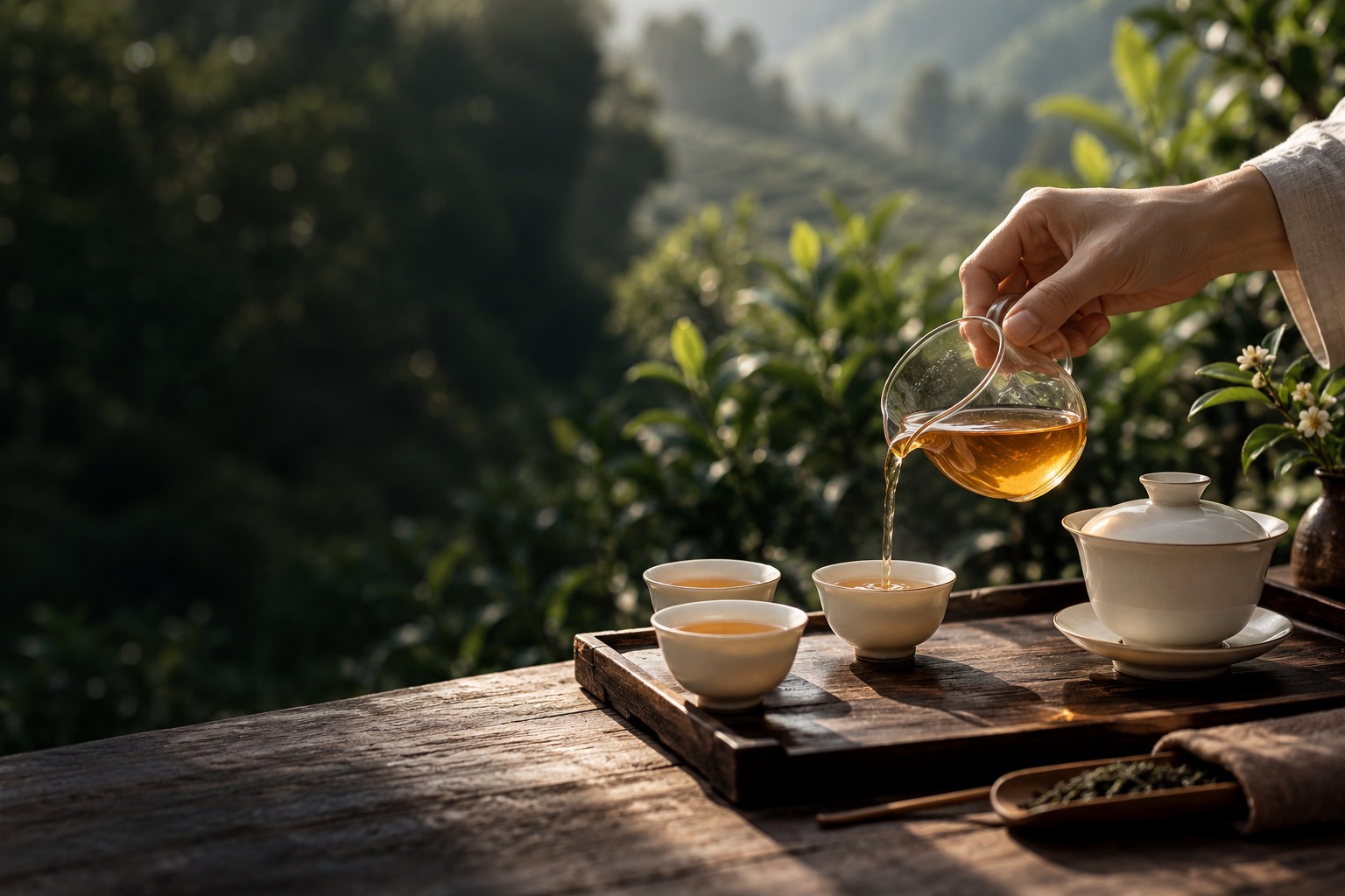An intimate Gong Fu Cha setting with porcelain teaware and freshly poured tea